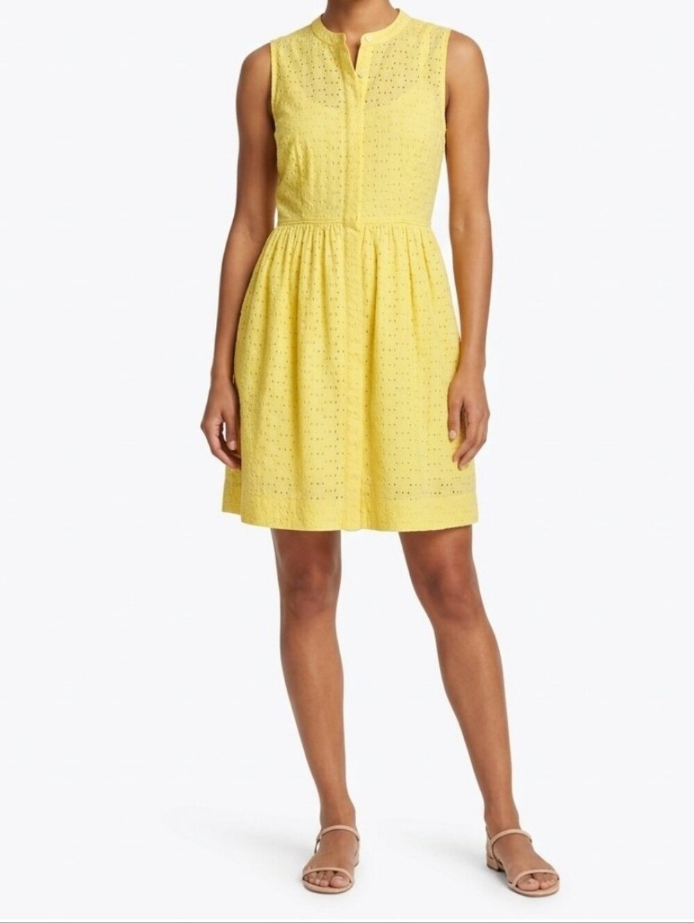 J. Crew Yellow Eyelet Sleeveless Fit & Flare Dress Cotton Button Down Women's 8